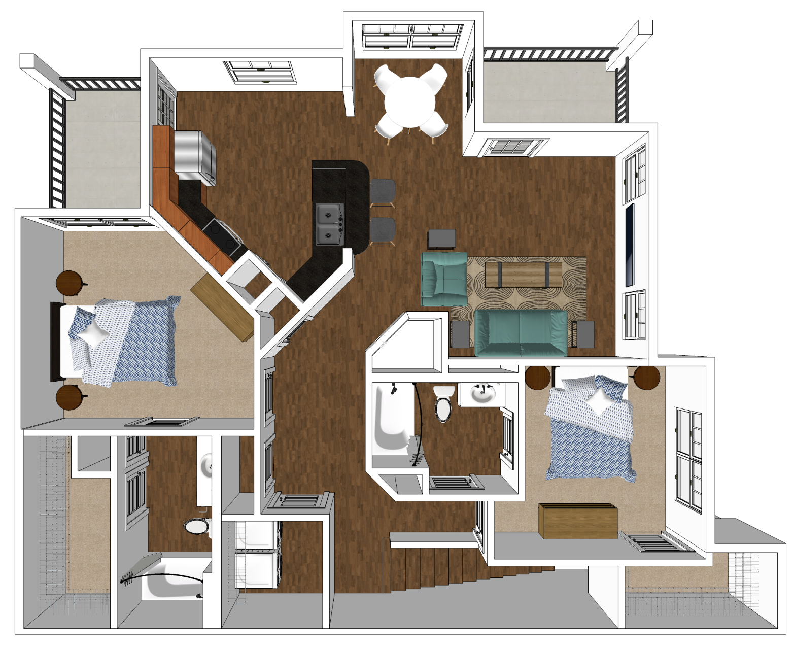 Floor plan for 2 beds, 2 baths, 1206 sqft